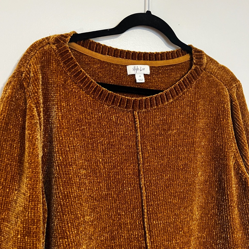 Style & Co Womens 2X Chenille Sweater Mustard Yellow Gold Crew Neck Seam Detail - Picture 4 of 9